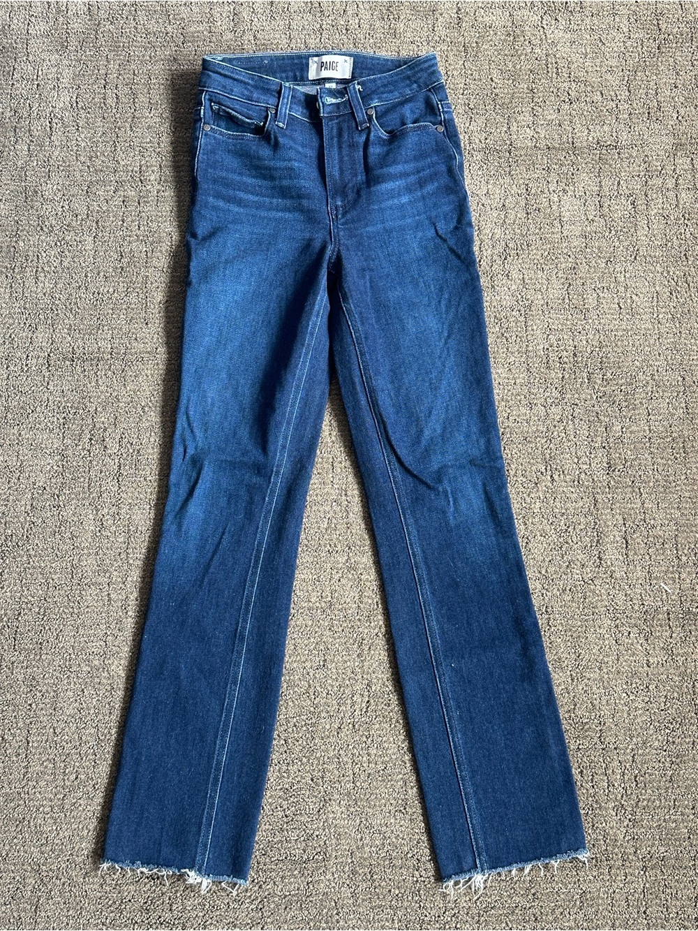 PAIGE Cindy Promise High Rise Straight Leg Dark Wash Raw Hem Jeans - 23